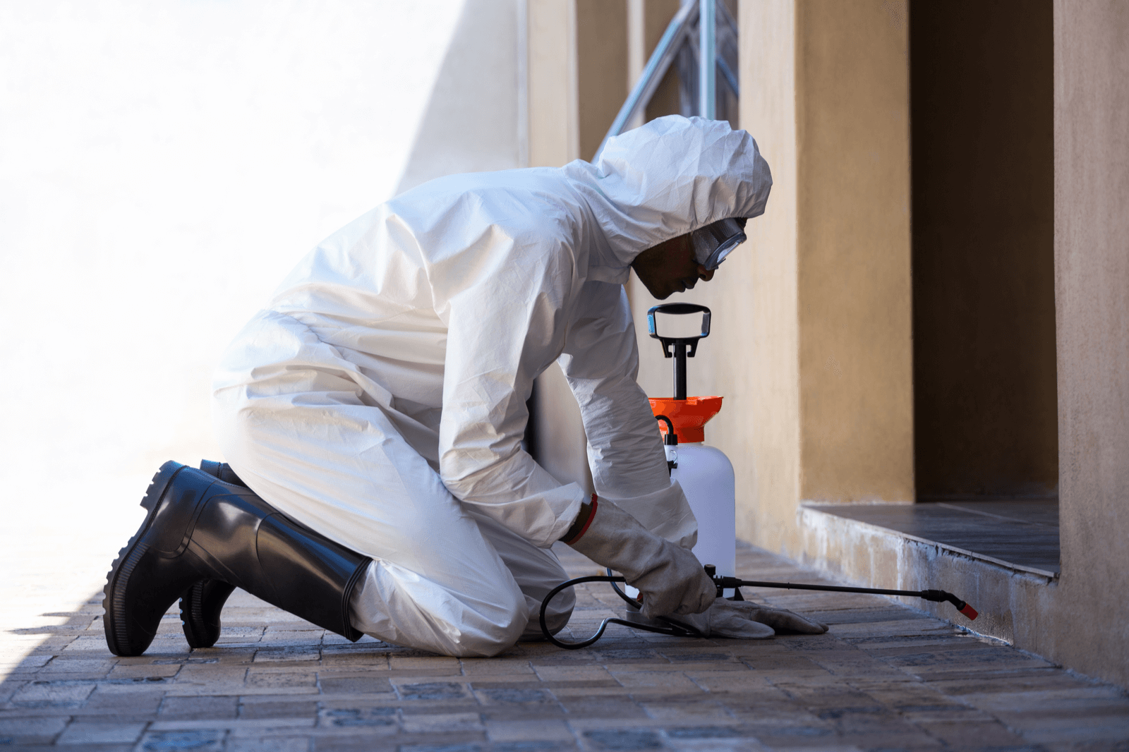 Man in hazmat suit applying insecticide to a building entryway