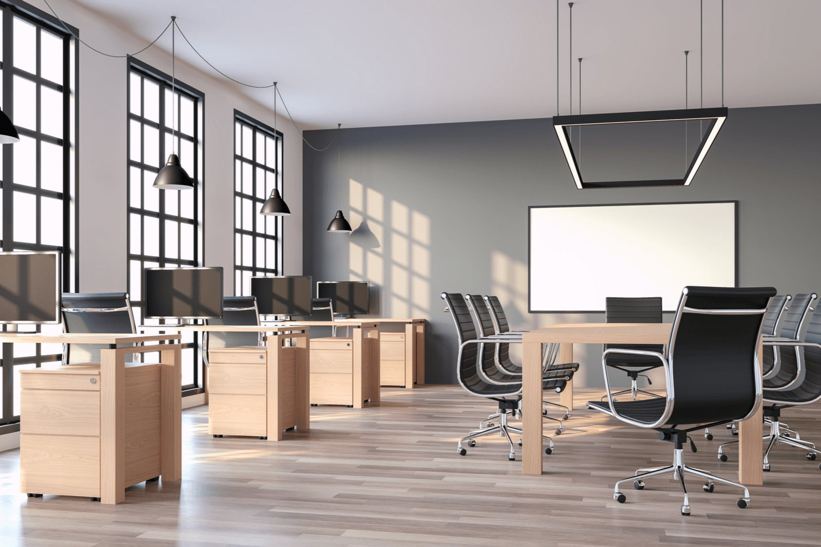 Office furniture and workstations arranged neatly